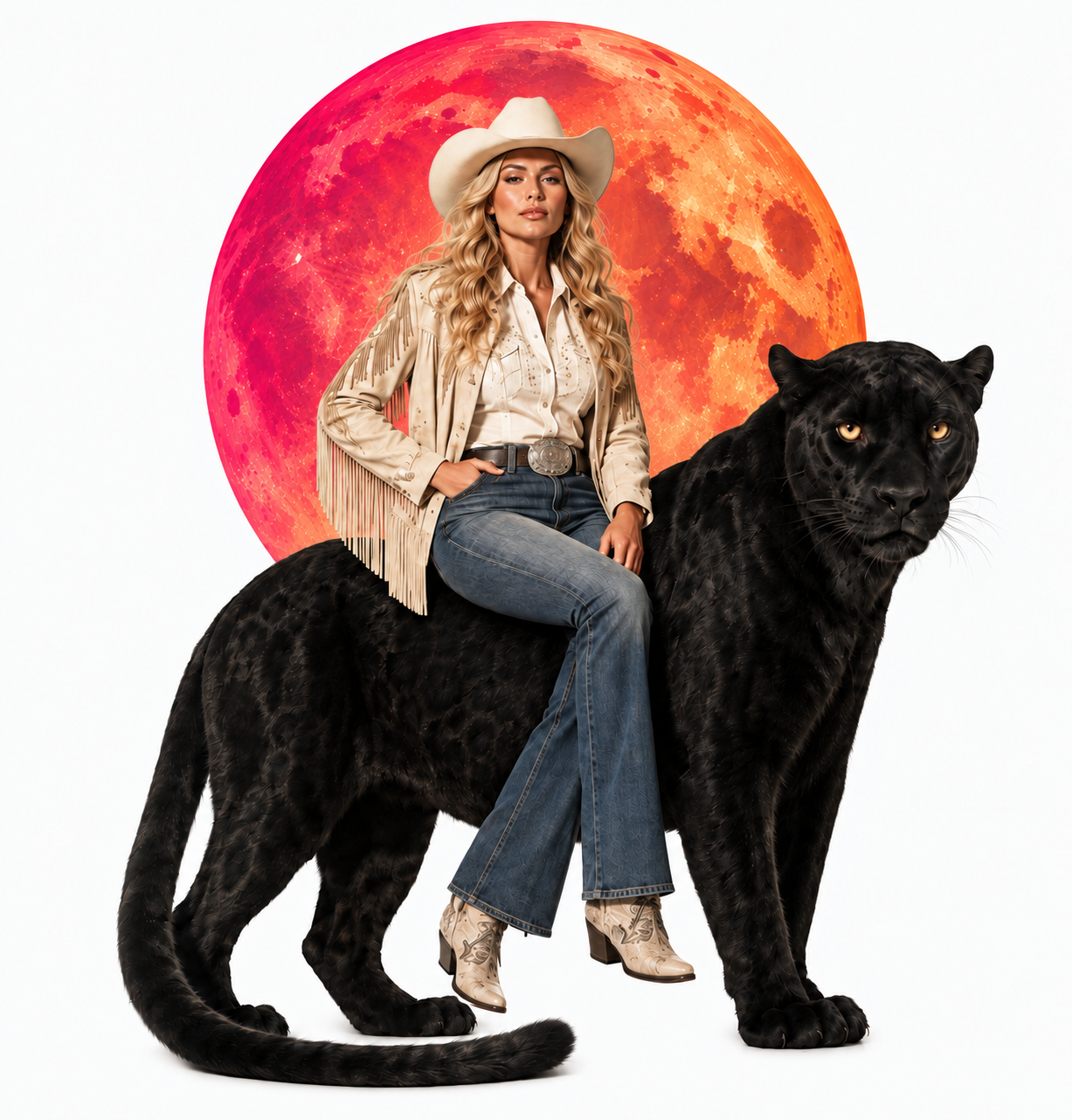 Blonde woman in an ivory cowboy hat seated on a large black panther